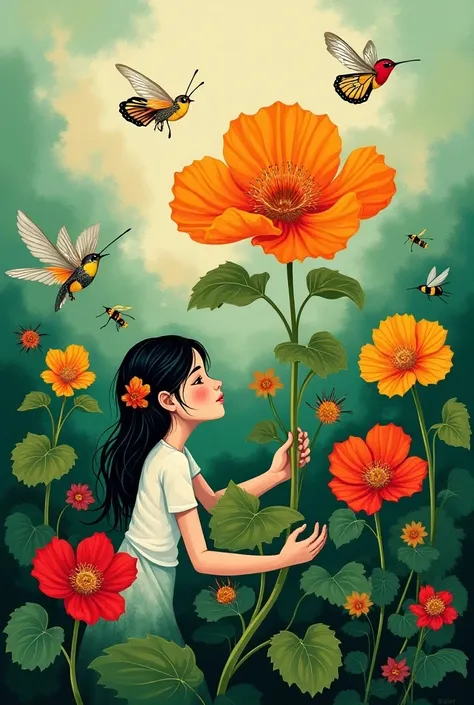  A mural design featuring the nasturtium plant, pollinators  (include the white cabbage butterfly ) and ren interacting with the plant, bees, Hummingbirds 