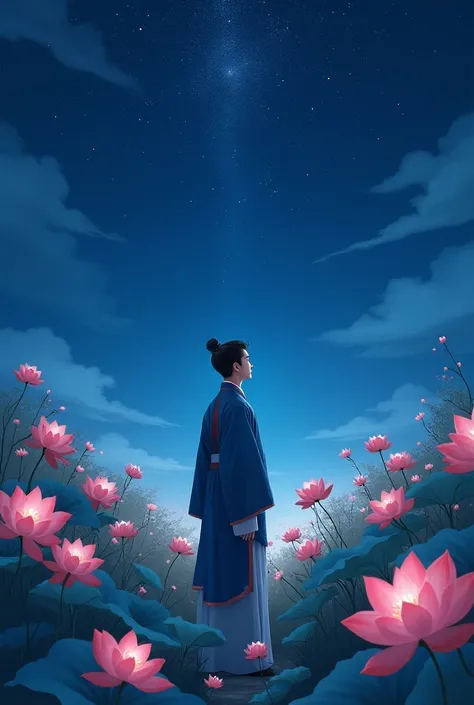 Write a Korean man looking at the night sky of Sakura as a character, saying “Starlight in the sky without showing his face in a background with lots of lotus flowers while wearing dads legs and Korean hanbok