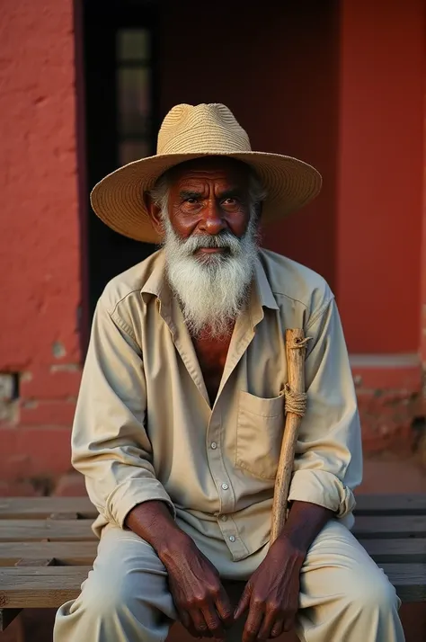 The image shows an elderly man with dark skin, a white beard and a serene expression. looking at me, he wears a wide straw hat and a beige dress shirt and matching pants. The man sits on a simple wooden bench and holds a staff. The background consists of a...