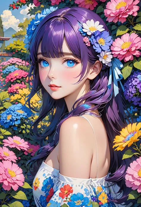 a girl posing for a photo next to colorful flowers and shrubs, 1girl, solo, blue eyes, flower, looking at viewer, purple hair, parted lips, bangs, long hair, bare shoulders, hair ornament, blue flower, hair flower, blush