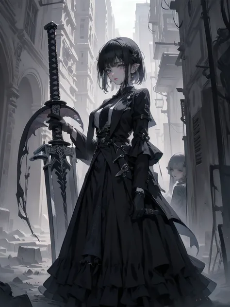 ( Dark Biopunk Art ), (( Hopeless Tentacles Horror Fantasy)),  Dark Anime Girl ,   short white hair, (( Dark Black Liquid Eyes )), , (( Broken Giant Sword )),  Broken Steel Skirt , ( Long Cracked Iron Skirt ), Broken Breastplate, Black Oil Fluid ,  devasta...