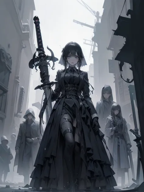 ( Dark Biopunk Art ), (( Hopeless Tentacles Horror Fantasy)),  Dark Anime Girl ,   short white hair, (( Dark Black Liquid Eyes )), , (( Broken Giant Sword )),  Broken Steel Skirt , ( Long Cracked Iron Skirt ), Broken Breastplate, Black Oil Fluid ,  devasta...