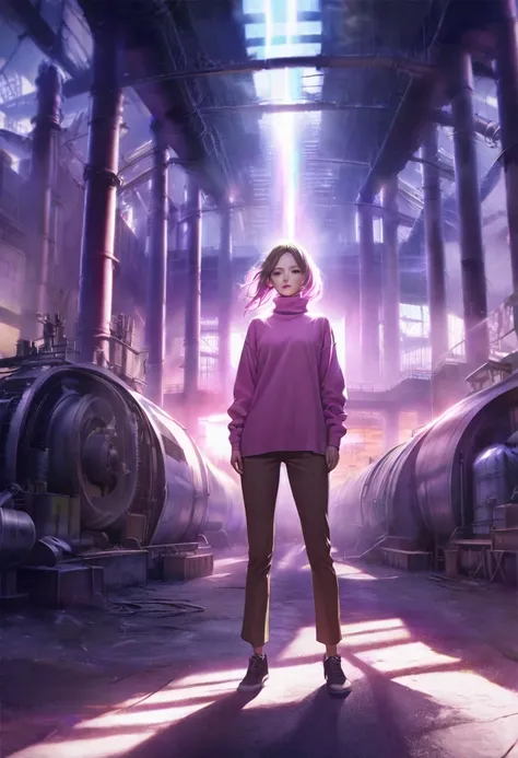 Mysterious atmosphere, atmosphere,  Spiritual Quality ,Realistic, Supernatural Essence ,, Alone,groin, Pink Turtleneck , brown pants,( NASSFY:0.85),,  Democracy ,, Power Plant ,, ( Radiant Atmosphere , Fascinating Light, Luminous lighting, Mysterious atmos...