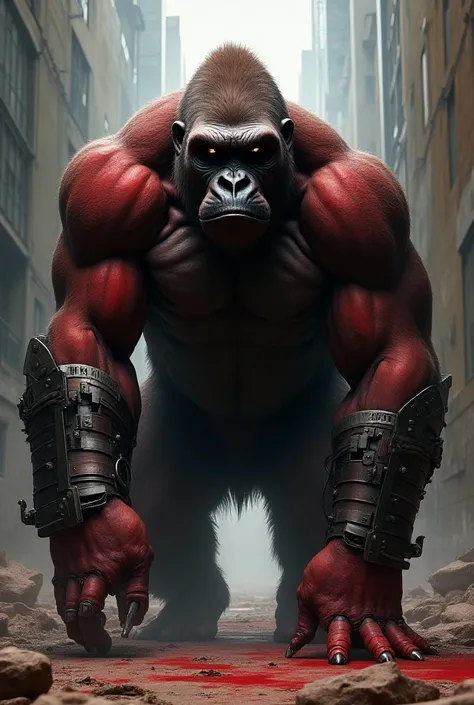 [A powerful gorilla, one arm augmented with advanced cybernetics, A colossal, crimson ape, powerfully muscled and scarred, crouches low to the ground, its intense gaze fixed on the viewer; a primal, menacing presence, a mood of raw power and impending viol...