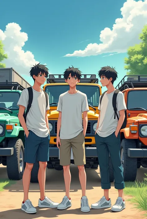 Three boys stand in front of three land cruiser with black hair, white shoes, white T-shirt. 
Middle boy with 32 years old and the right boy with 25 years old and the left boy with 18 years old.