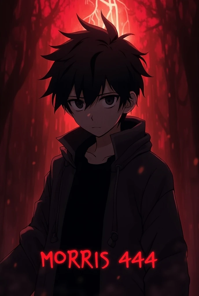 Make a YouTube channel banner size with a dark and red coloured horror background and in the front a anime boy who is looking behind and in front the name written is Morris 444