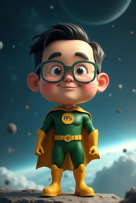 Realistic 4D caricature photo, big head , a middle-aged man with an Indonesian face, 50 years old, short wavy black hair, wearing clear glasses, oval face,thin body, wearing a green and yellow superhero costume, in the middle of his chest there is a PPSI l...