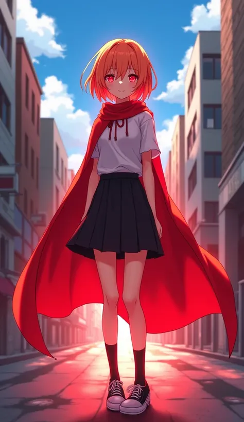 masterpiece, Best Quality,  high resolution on down,  very detailed,((( pretty girl with orange hair wearing a red light))), ((( Japanese Anime ))), ((( short hair))), ((( white t-shirt ))), ((( red cloak))), ((( black skirt))), (((Black socks))), ((( blac...