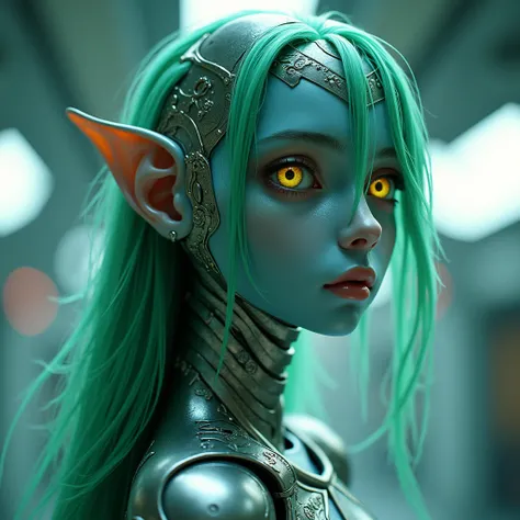 Masterpiece of sci-fi cinematic scenes, upper body of a beauty alien girl, green long hair, yellow eyes, with blue skin, blending of elegant and mystery face looks, nice slender body wear silver metallic Cybernetics armor intricate futuristic design, extre...