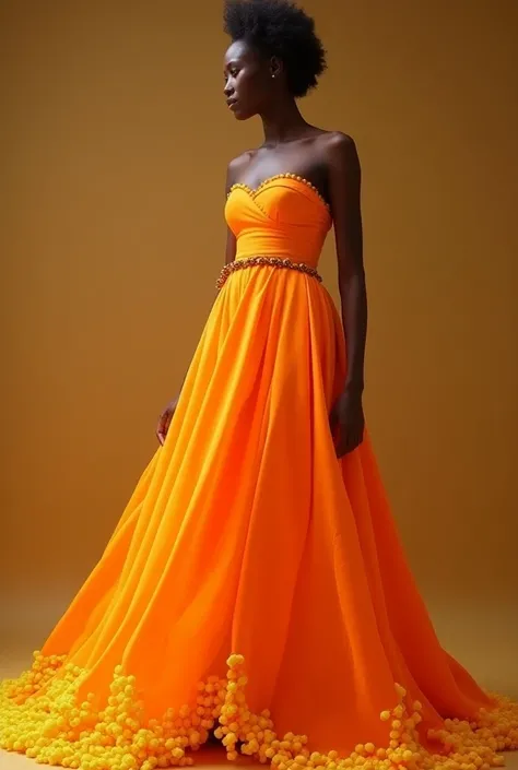 Dress color orange and have some bead color yellow at the end of the dress