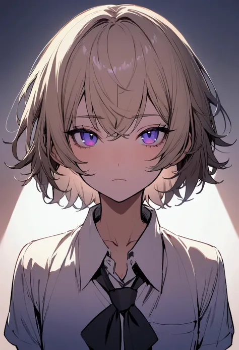 one male, solo, pretty face, femboy, periwinkle eyes, ash blonde, messy short cut hair, school uniform, slim figure, expressionless, close up, masterpiece, best quality