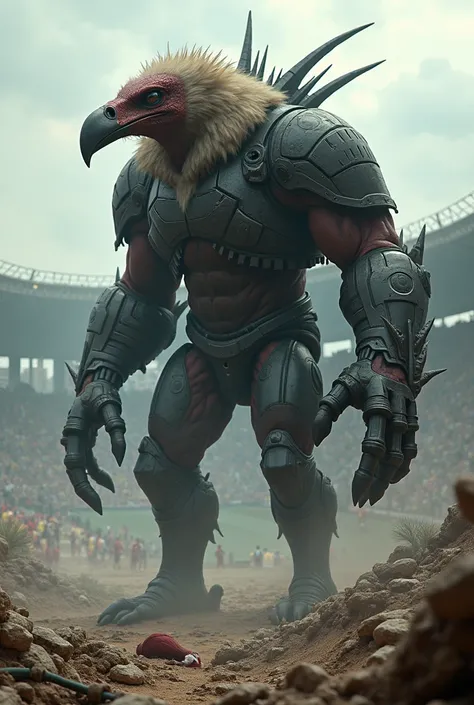 "Create an image of a giant black and red hybrid creature with wings, combining a vulture and a military soldier. The upper part should have vulture-like features, including the furry skin and elongated head, while the lower part should display the robust ...