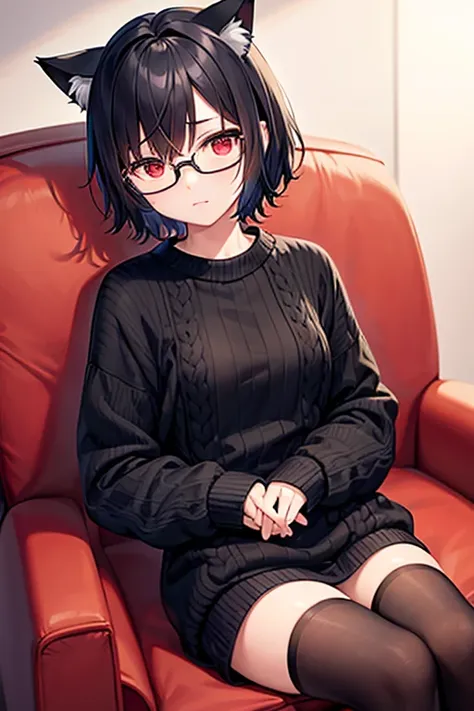  short stature 、Black Hair 、  short hair 、Glasses、  knitted sweater   、cat ears、cat tail 、  embarrassing、cute、Small breasts、 red eyes、living 、  Sitting on the Couch 、  very detailed,  Best Quality, Accuracy,Accurate、 masterpiece, High image quality, Alone 