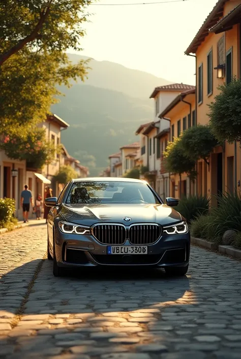 Bmw car driving in village 