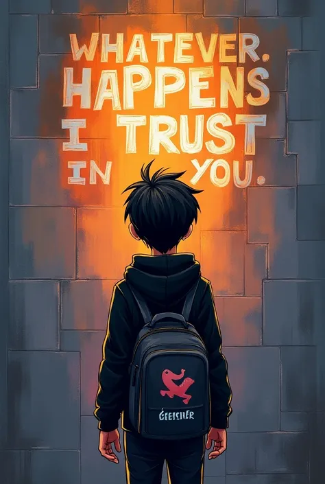  Picture of an explorer looking at a wall with the text  "Whatever happens, I trust in you" A dark-haired man wearing a black hoodie carrying a bag with the inscription, Genshin Impact, Acrylic palette knife,  Vibrant Color, Cartoon ,Front view