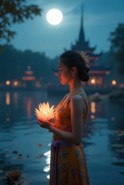 Thai girl with moonlight reflected in water with Thai temple background dressed in Thai dress in hand with beautiful krutong to float in river. The atmosphere of the picture on a floating day. 8k bright color image
