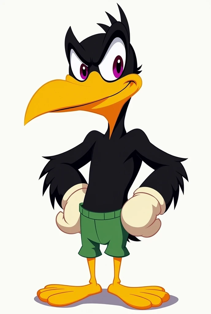 A highly stylized cartoon character inspired by classic 1950s animation, anthropomorphic "Abutre evil" with exaggerated features and expressive pose, black body with a prominent yellow beak, large hands in white gloves, yellow feet, and green pants, simple...