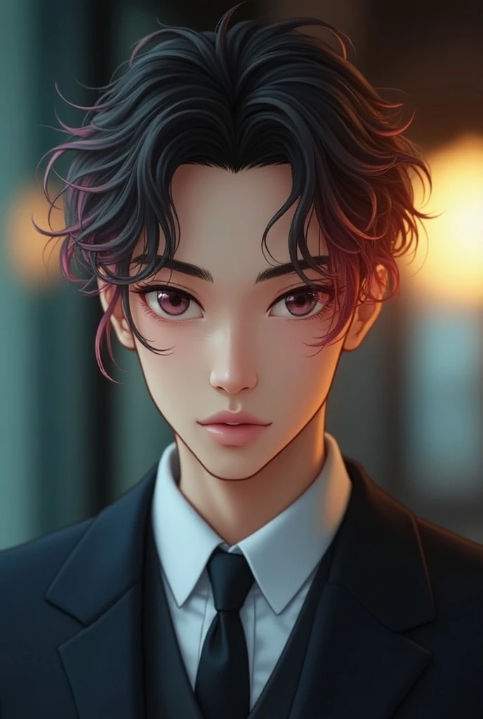 A half-Thai, half-Turkish man wearing a suit similar to an idol with fair skin and a not-so-sharp face. Close-up view. No beard. Hair in the fashionable color of an idol, making him look like an anime. 