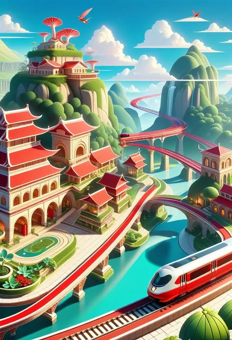 digital illustration ，flat style，flat，3d， platform ， magic station 。 train arrives  ， platform ， ancient buildings， curved track...