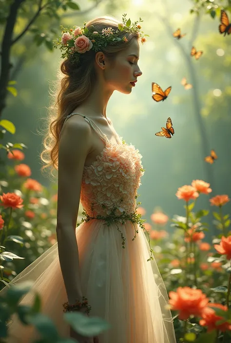 "A woman of ethereal beauty stands amidst a vibrant garden, wearing a breathtaking gown made of flowing petals and soft, intertwined vines. The dress shimmers with colors of spring: pale pinks, vibrant yellows, and greens. Her eyes, filled with tiny birds,...