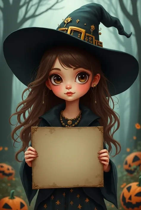 Petite fille  brune yeux marron sorcière chapeau pancarte Sylvia illustration Halloween 