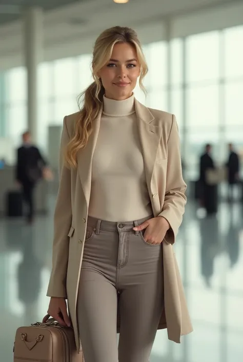 {
    "description": "A stylish, travel-inspired photo of a beautiful blonde woman with long, wavy hair tied back in a loose ponytail and a straight bang framing her face. She’s standing confidently in an airport terminal, dressed in a fitted beige turtlen...