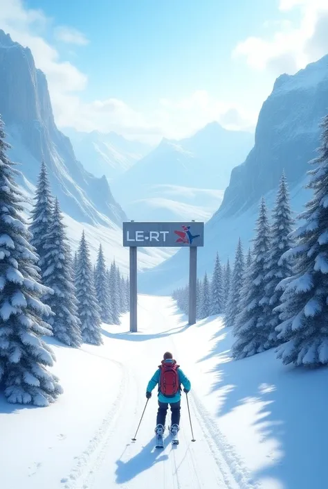 View down the mountain while skiing past under a large sign that is in the middle. Generate the image from the rear view  