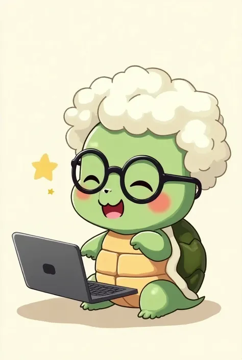 A turtle stands with a laptop in one hand, One hand points to the laptop,ふわふわのWell-organized白髪,Well-organized７３Short hair set in a part, wears black-rimmed glasses,Calm face,smile,The eyes are smiling and narrow,Cartoonization, まるでLike the logo,His eyes ar...