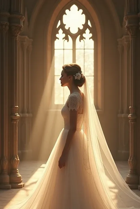 The bride stood in front of an ancient church, with warm light shining from the stained glass windows. The church has Gothic or Romanesque architecture with exquisite details, such as pinnacles and arched windows.

The bride wore a pure white wedding dress...