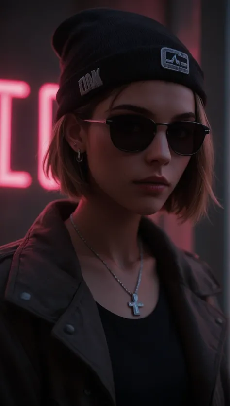 Face close up, alternative girl, watching over black sunglasses, jacket, necklace, neon light reflections on skin, ear ring, makeup, skin imperfection, short hair, beanie, neon lights background, low light, depth of field, highly detailed, high contrast, f...