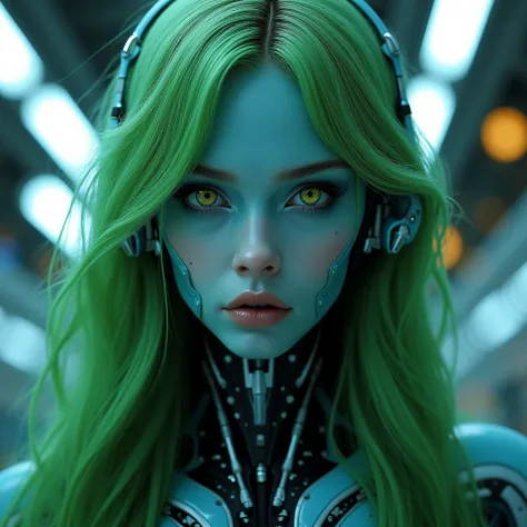 Masterpiece of sci-fi cinematic scenes, full body a beauty alien girl, green long hair, yellow eyes, with blue skin, blending of elegant and mystery face looks, extremely detail on her face, wear Cybernetics robot armor gears, kodak vision3 250d, photoreal...