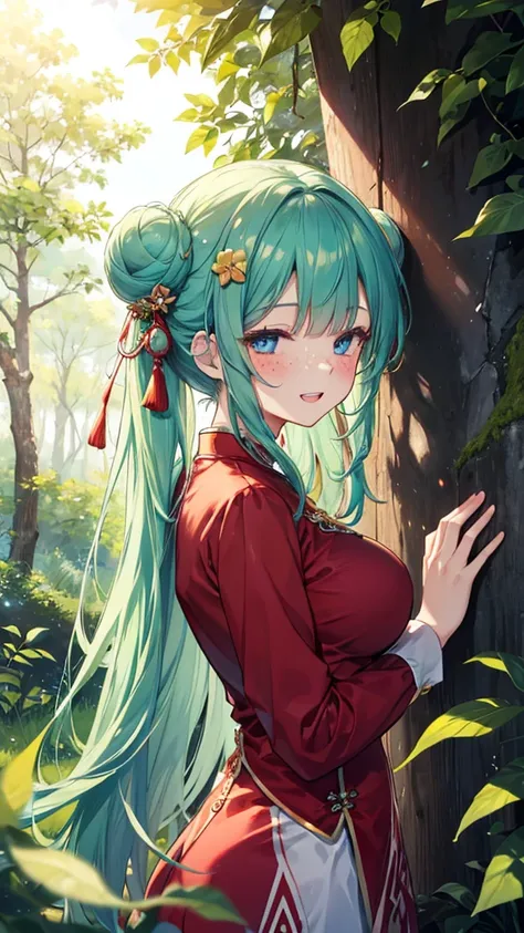 very large tree filled with large yellow leaves outside on a sunny day, tree, outdoors, sky, blue sky, day, a painting of a painting of a forest with many of the trees being bare, ,hand,maomao, long hair, bangs, blue eyes, hair ornament, green hair, blunt ...