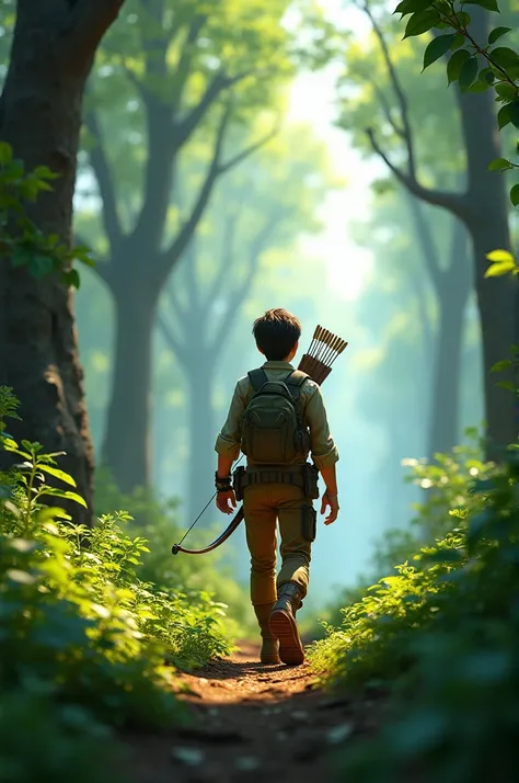 3D pixar style A hunter is going into a beautiful forest.