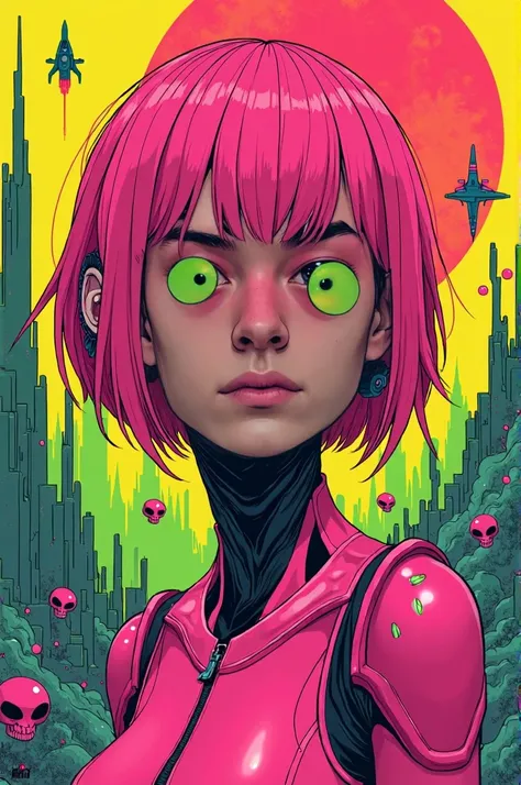 ((best quality)), ((masterpiece)), (detailed), perfect face of cyberpunk mecha japanese girl, neon pink body, neon pink hair, big neon lime green eyes, ((monochromatic neon pink, orange and lime green color palette)), surreal, art nouveau, in the illustrat...