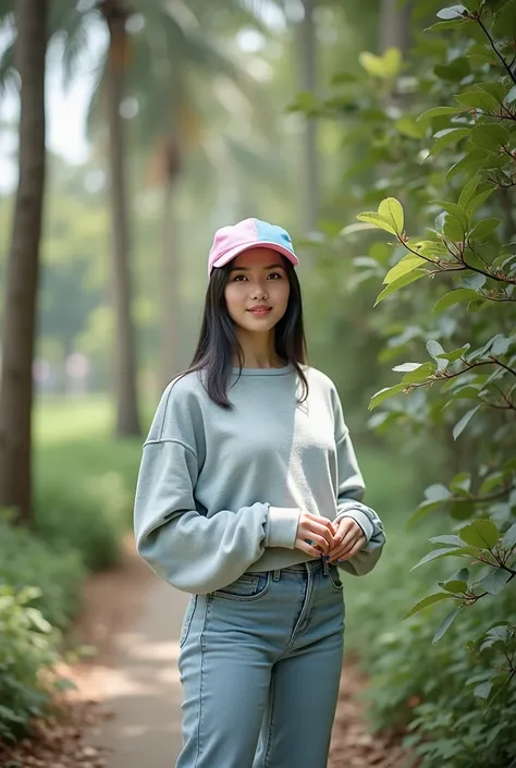 A beautiful asian and young female. Her facial features are exquisite and fully conform to the golden ratio of human anatomy...Her long,straight long black hair, nature skin, ideal body,  beautiful scenery, busty , wearing a casual long sleeves and long sw...