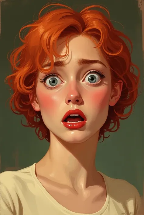 A woman facing forward , red-haired,  short hair, various poses of the same face , scared, poster style,  inspired by j.c leyendecker