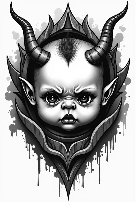 A baby half demon tattoo style in black and white with Hannyas face