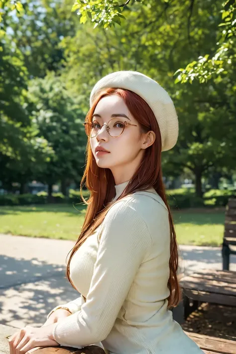 (((Best quality, 8k, Masterpiece: 1.3)), ((best quality)), ((masterpiece)), (detailed), perfect face, perfect body, (detailed skin:1.3), (intricate details), young woman in her twenties with short red braids walks through a peaceful park. She wears a beret...