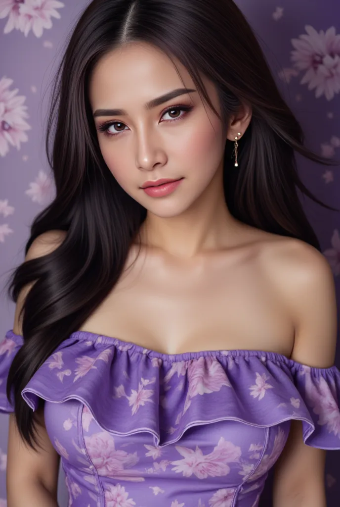 a beautiful girl wearing a purple floral mini ruffle dress, extremely detailed eyes and face, long eyelashes, detailed skin text...