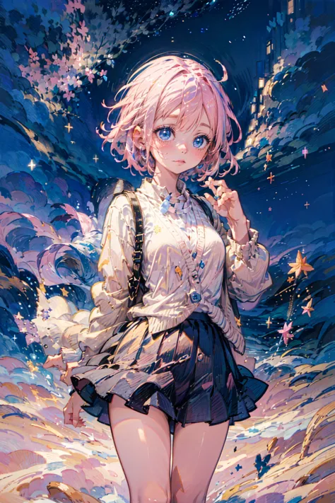 1girl,solo,(((pink short hair,blue eyes))),sparkle,starry night,look up at the sky,autumn,shirt and mini skirt,cardigan,
outdoor...