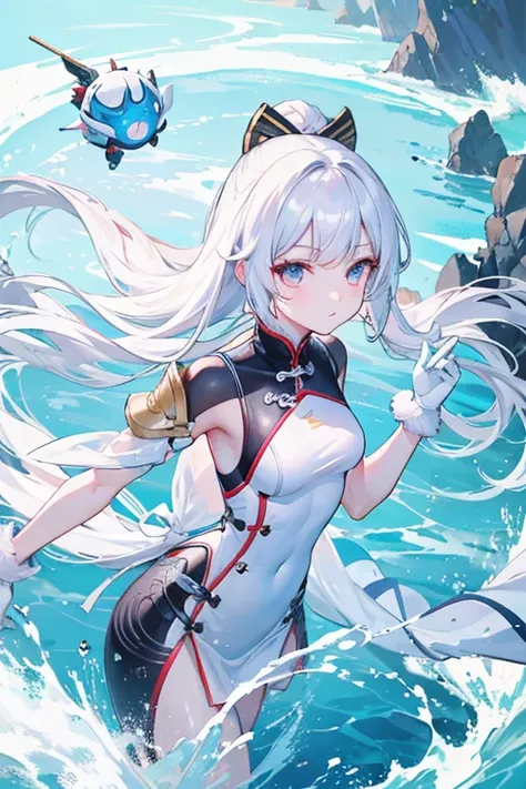 A Chinese bionic girl with white gloves ，White long haired chinese bionic girl playing in the water by the sea，anime style