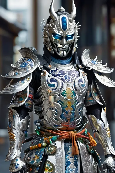 13 century、full body shot, A silver cyborg samurai-like creature wearing a Hannya mask、eyes are shining、long coat、FW Murano style, vibrant color blast, whole body、incredibly detailed, dark, Key Visual, in the atmosphere, very realistic, high detail texture...