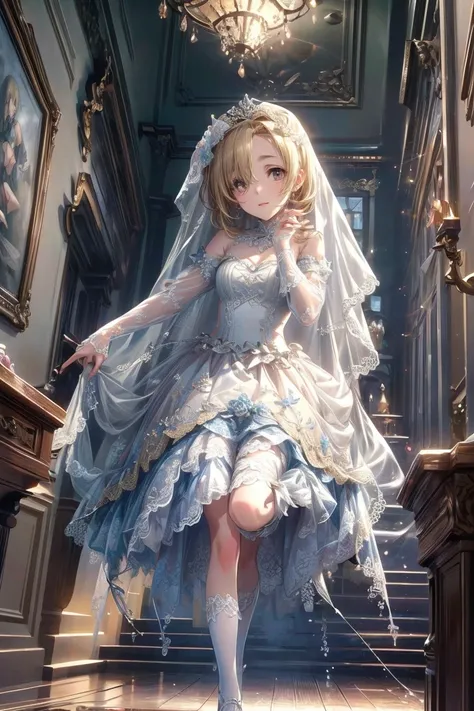 (Best Quality,  high resolution on down, masterpiece:1.2,), shape,  Knight ,  one girl playing pranks, whole body, (enamel),(high leg wedding dress),   put your arms back, Wait for a kiss,  Browse Viewers,  happy , , blonde hair, Hair over the eyes,  short...