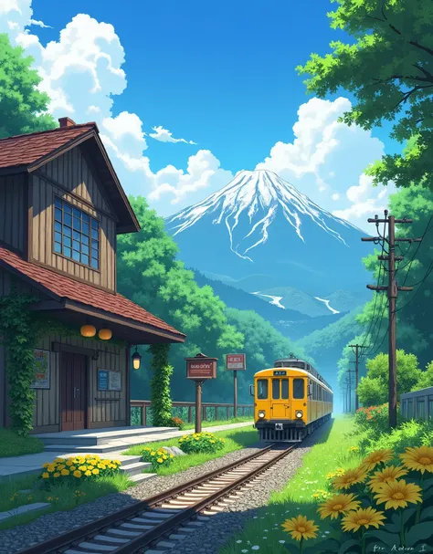  An anime-style scene depicting a quiet landscape ,  beautiful station surrounded by lush nature , Green Mountain々Scenery of. There are 、 Add ,  big window, Sloped roof, warm,  glowing lights hanging from the eaves . In front of the building,  Is playing 。...