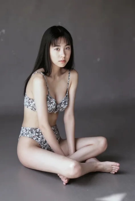 Full body shot from the front、Wear off-the-shoulder mini one-piece pajamas, bend your knees, spread your legs, take a cross-legged pose, and sit while looking at me, Slender bare legs 、smile、The background is a monotone 

