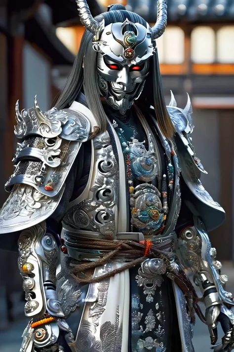 13 century,(((full body shot))), A silver cyborg samurai-like creature wearing a Hannya mask、eyes are shining、long coat、FW Murano style, vibrant color blast, whole body、incredibly detailed, dark, Key Visual, in the atmosphere, very realistic, high detail t...