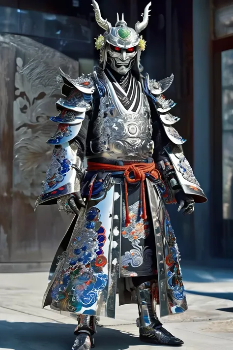 13 century,(((full body shot))), A silver cyborg samurai-like creature wearing a Hannya mask、eyes are shining、long coat、FW Murano style, vibrant color blast, whole body、incredibly detailed, dark, Key Visual, in the atmosphere, very realistic, high detail t...