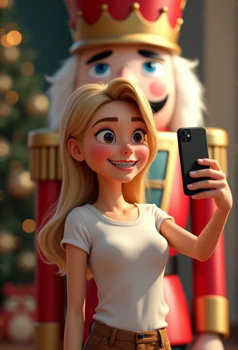 Create a 25-year-old girl,  brown eyes apertadinhos, Pixar blonde style ,  brown eyes, smiling with “braces” on her teeth``,brown pants, white t-shirt making a self with her cell phone in front of the Christmas nutcracker