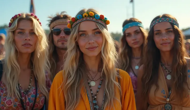 Hippie Festival, Woodstock, 8k, ultrarealistic, show a croup of people visiting the festival, show me the different outfits the people wearing, at least five people, the faces are ultra detailed and perfect textured, ultrarealistic and masterpiece photo, s...