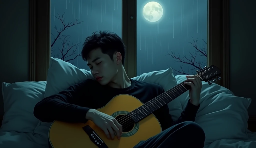 A handsome Korean guy is sleeping and holding a guitar with a yellow soundboard, he has a sharp, striking face, short hair slicked back, wearing a long-sleeved black shirt and a handsome look. sad face. The scene takes place in an old and dark room, the ro...